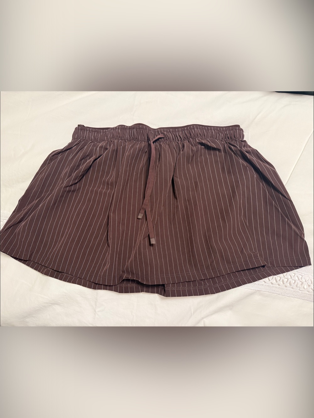 Brown Pinstripe Drawstring Mini Skirt